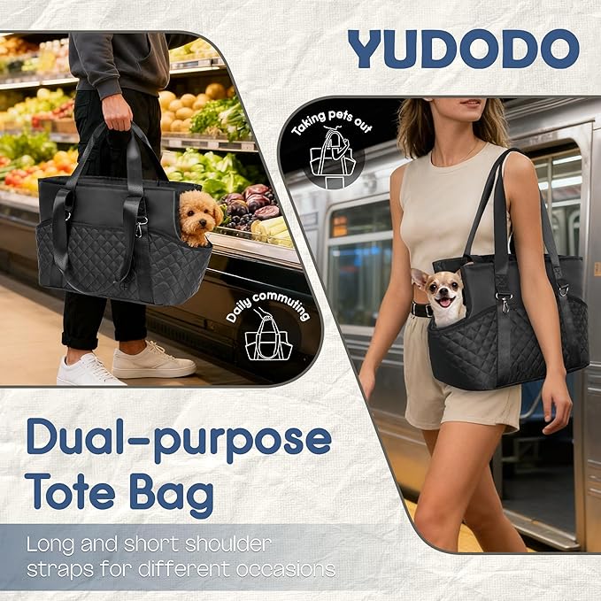 YUDODO 4-12lbs Dog Tote Bag for Women, Lightweight Small Dog Purse Carrier with Treat Pouch & Safety Clip, Large Pockets Pet Shoulder Handbag for Travel, Outing, Vet, Black, Purse+Treat Pouch