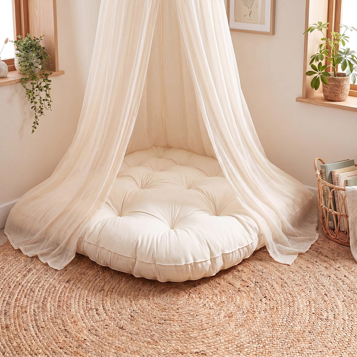 Yookeer Triangle Floor Pillow 100cm Cream Tufted Corner Floor Cushion Thickened Soft Window Seat Cushion Washable Meditation Mat for Living Room Bay Balcony Reading