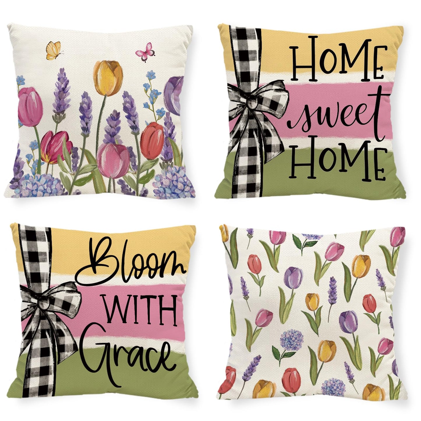 Tikeciti Spring Summer Tulips Pillow Covers Home Sweet Home 18 x 18 Inch Throw Pillows, Hydrangea Floral Farmhouse Seasonal Outdoor Indoor Decorative for Cushion Case Sofa Couch Set of 4