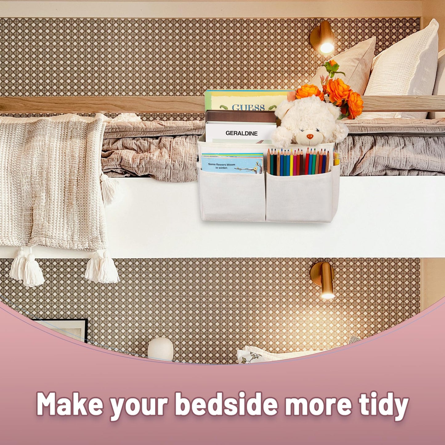 Frjjthchy Bedside Storage Organizer 5 Pockets with 4 Hooks Hanging Storage Bag for Headboards/Bunk Bed (White)