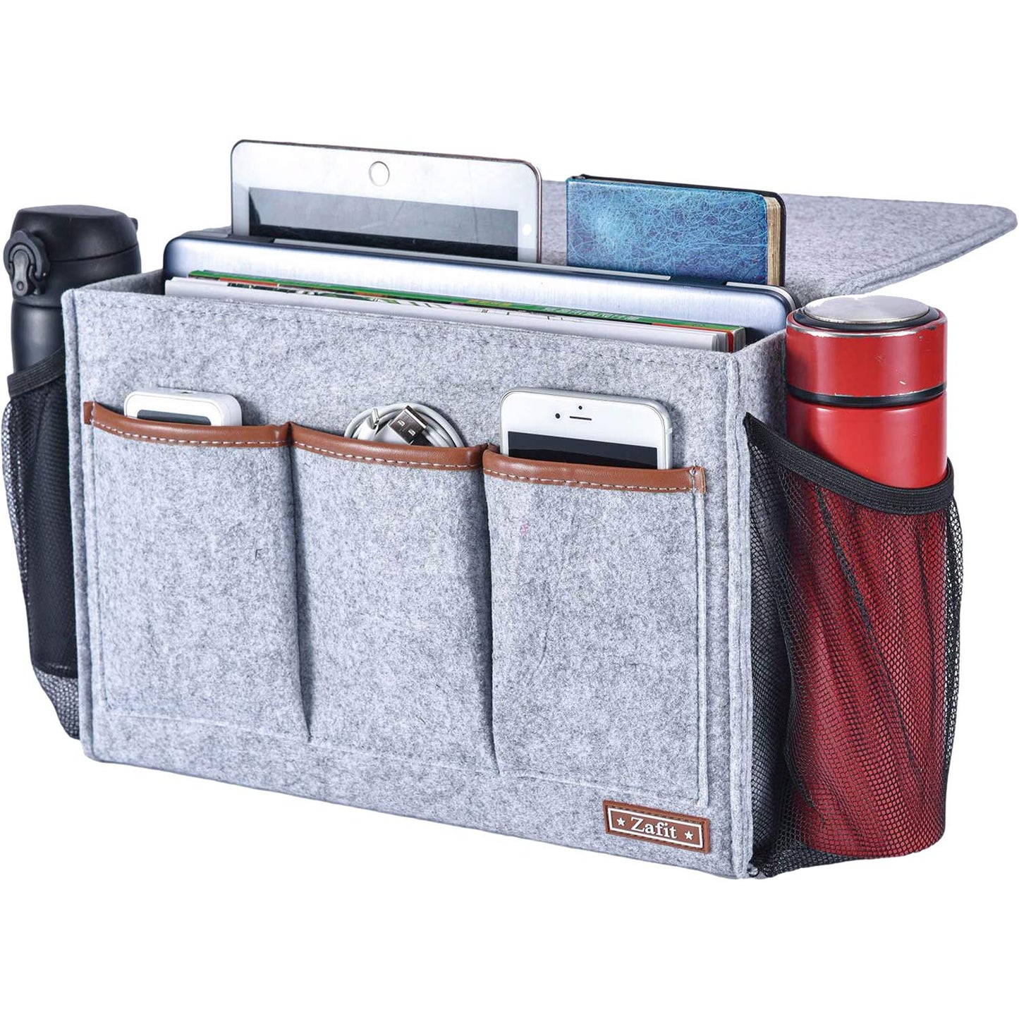 Zafit Bedside Caddy, Large Size Storage Organizer with 8 Pockets - Perfect for Magazine, Remotes, Phone (13.4'' x 18.1'', Light Grey)