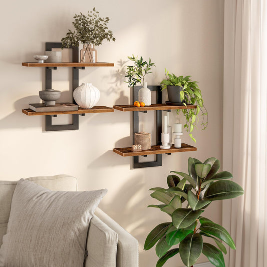 HOOBRO Floating Shelves, 15 Inch Wall Shelf Set of 2, Wall Mounted Storage Shelves 2-Tier, Hanging Bathroom Shelves, for Living Room, Bedroom, Bathroom, Kitchen, Rustic Brown and Black BF32BJ01G1