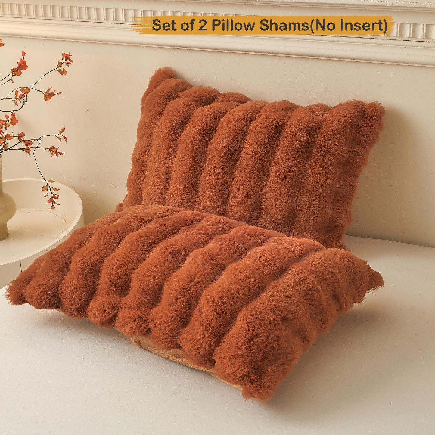 LIFEREVO 2 Pieces Fluffy Faux Rabbit Fur Pillow Cases, Luxury Soft Plush Shaggy Bubble Pillowcases Standard Size with Zipper, Furry Fuzzy Long Pillow Shams Adult Girls Kids Teens 20x26, Burnt Orange