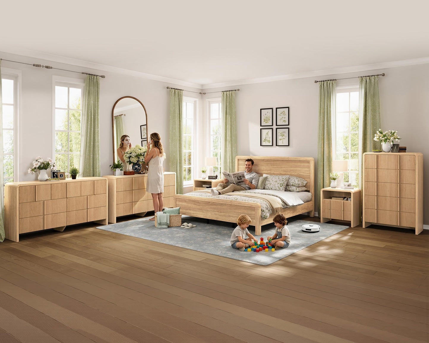 AMERLIFE 3-Piece Modern Fluted Bedroom Furniture Set, Including Wood Queen Size Bed Frame with Headboard & Footboard and Storage Night Stand Set of 2, Wooden Bedframe and Nightstand Sets, Natural Oak