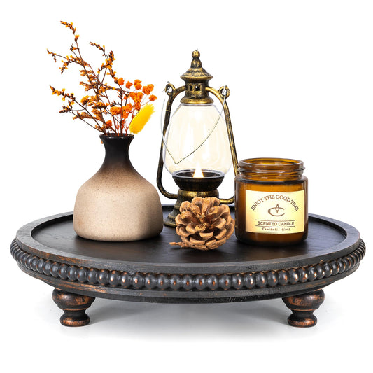 EOSAHR Rustic Round Pine Wooden Display Riser – Beaded Pedestal Stand for Decor, Kitchen Counter Organizer, Coffee table & Cake Stand - Decorative Display Risers for Living Room Decor (Old Black)