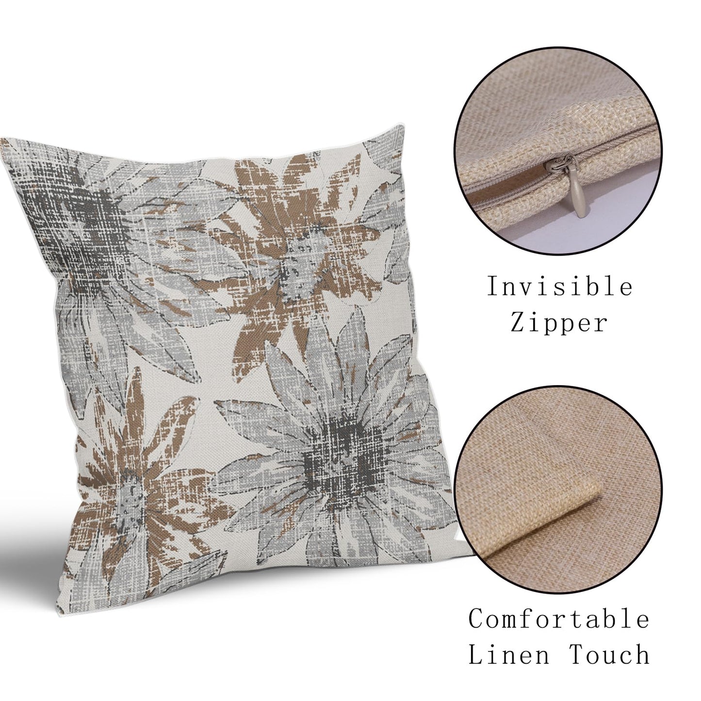 Sweetshow Brown Grey Gray Pillow Covers 18x18 Set of 2 Retro Sunflower Flowers Print Decorative Throw Pillows Outdoor Modern Art Floral Pillowcase Square Linen Cushion Case for Home Sofa Couch Bed