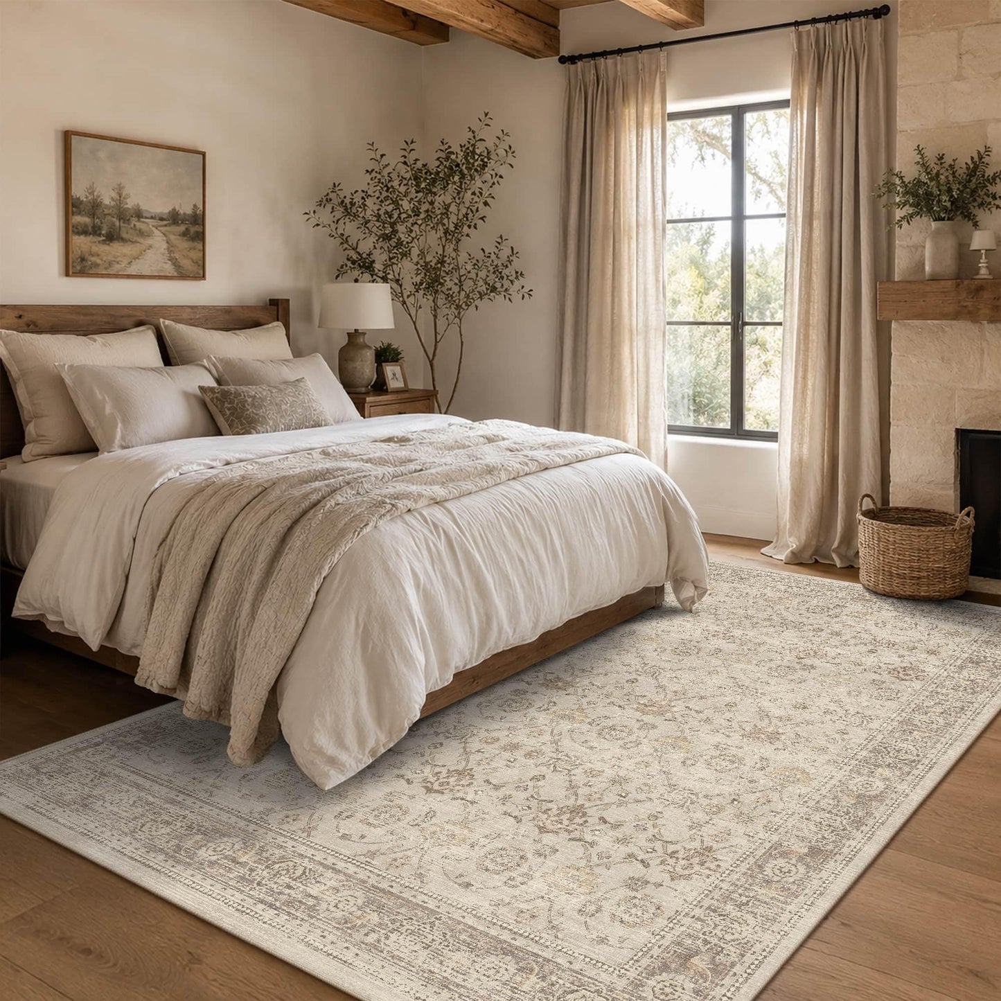 Lullosa Area Rugs 5x7 Washable Non-Slip, Beige Vintage Boho Traditional Carpet for Living Room, Nursery, Bedroom, Office, Laundry, Dining Room Table Rug
