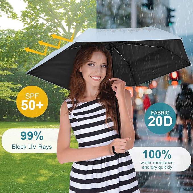 G4Free Mini Travel Umbrella UPF 50+ Ultralight Slim UV Protection Parasol, Windproof Compact Umbrella for Sun & Rain, Portable with J Hook Curved Handle Japanese Style for Women