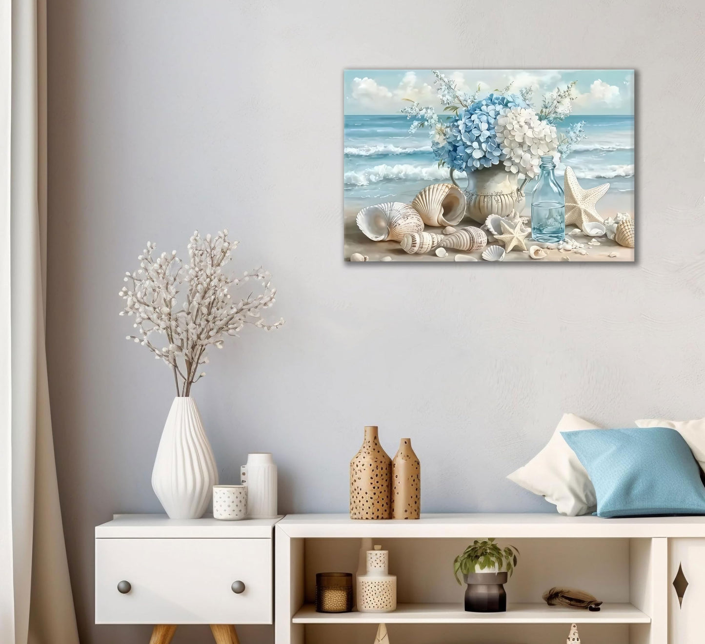 Blue Ocean Beach Wall Art Coastal Bathroom Poster Print Sea Vase Canvas Wall Decor Seaside Seashell Painting Picture for Bathroom Bedroom Living Room Kitchen Office Framed