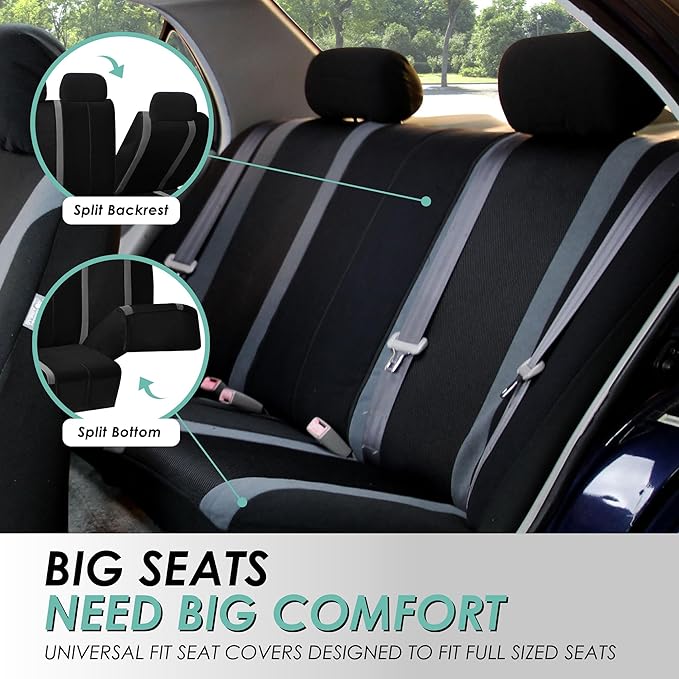 FH Group Automotive Car Seat Covers Full Set Premium 3D Air Mesh Front Seat Covers, Airbag Compatible & Split Bench Cover Universal Fit Interior Accessories for Cars Trucks and SUVs - Gray