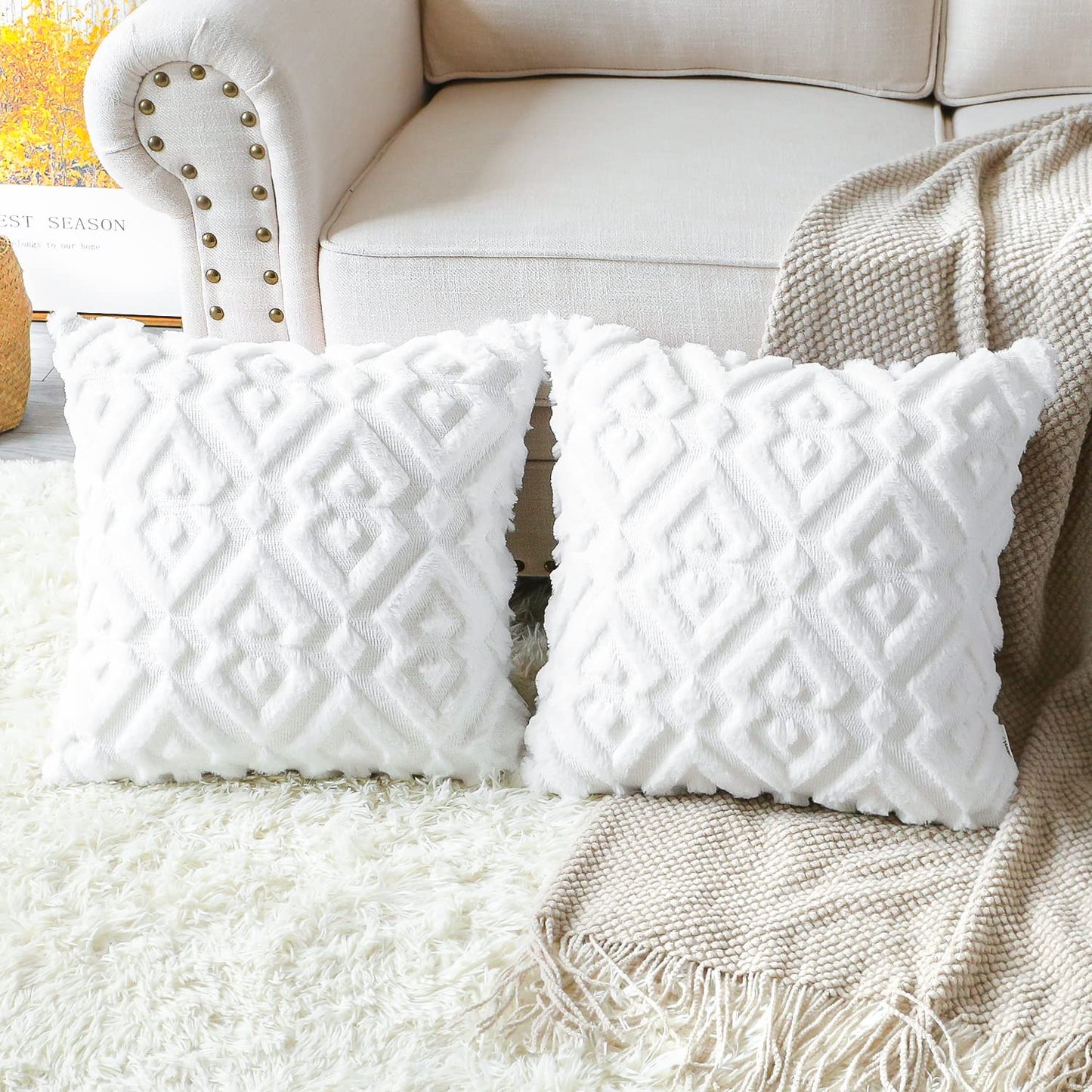 Artscope Pack of 2 Soft Plush Short Wool Velvet Decorative Throw Pillow Covers Luxury Style Cushion Covers European Pillow Shell for Sofa Bedroom Diamond Shape Pure White, 12x12 Inch