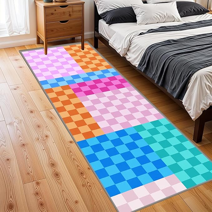 Multicolored Checkerboard Grid Runner for Entryway, 4x12ft, Boho Colorful Checkered Pattern Kids Playing Mat, Cozy Soft Absorbent Reduce Noise Rugs, Durable Washable Carpet for Family