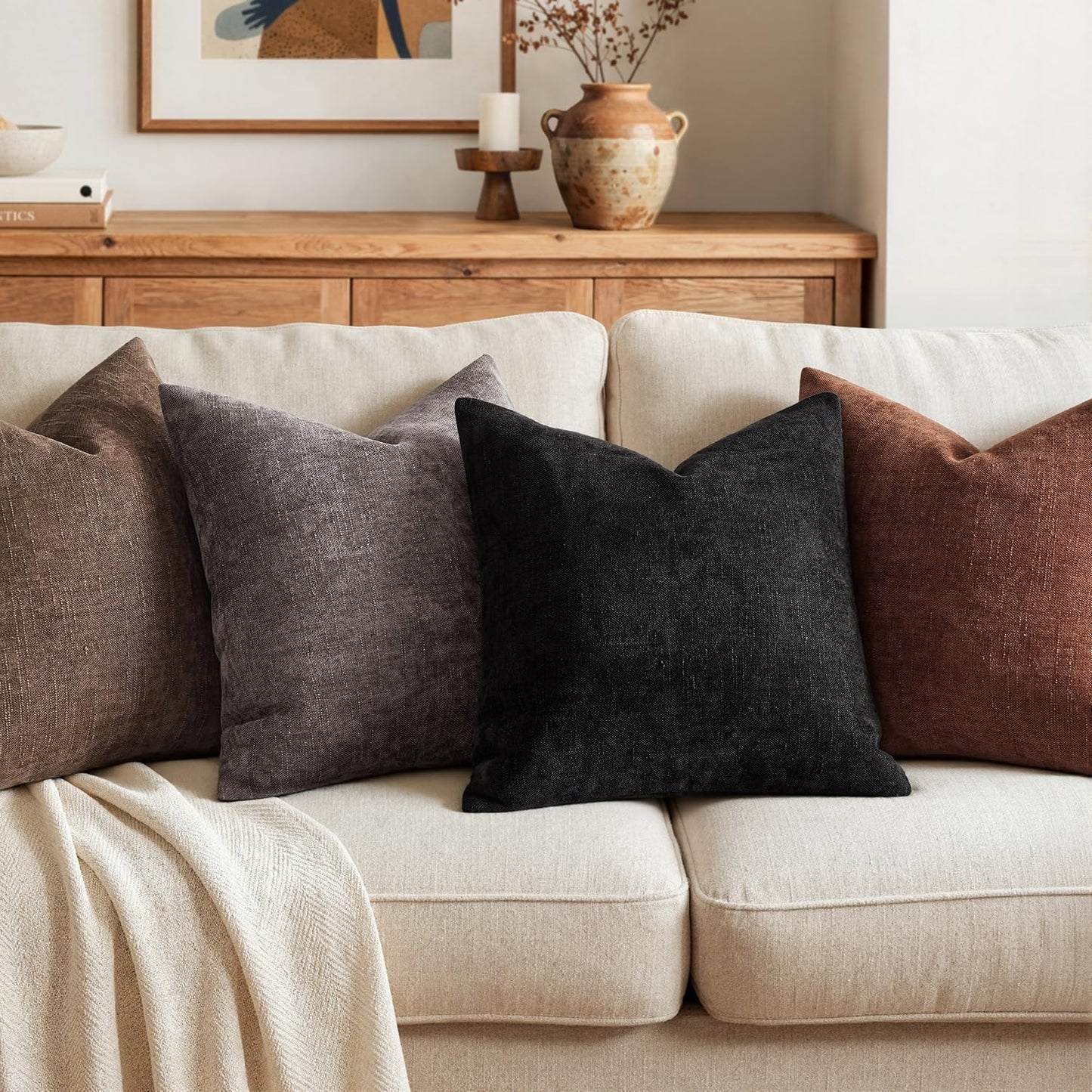 MIULEE Pack of 2 Decorative Throw Pillow Covers Soft Chenille Throw Pillows Solid Neutral Farmhouse Textured Cushion Covers for Couch Sofa Bedroom Living Room 20x20 Inch, Black