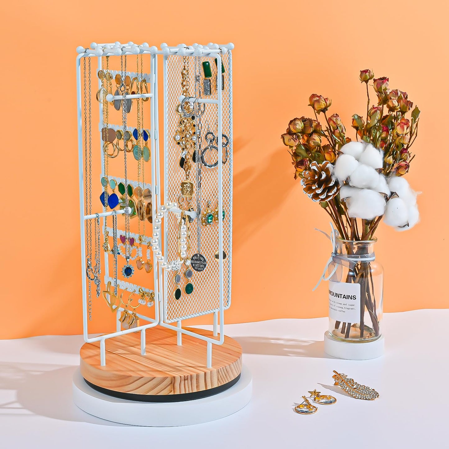ProCase Rotating Jewelry Organizer Stand Earring Holder Organizer with 28 Necklace Hooks, Jewelry Tree Earring Stand Tower Storage Rack Bracelet Holder, Holds More than 100 Pairs Earrings -White