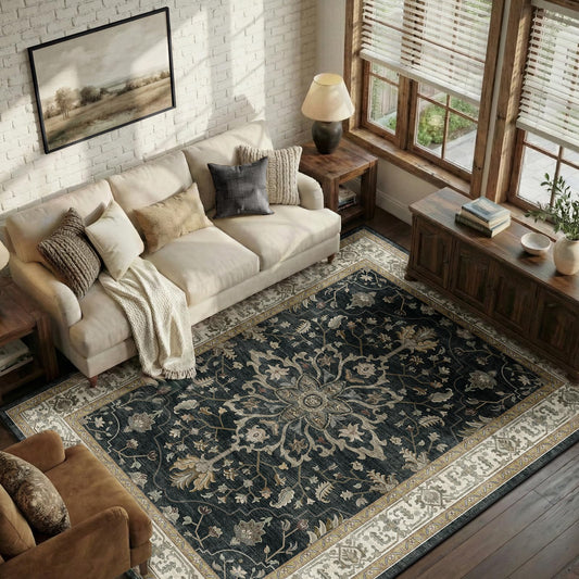 RELEANY Area Rugs 5'x7' Washable Non-Slip, Floral Vintage Distress Medallion Carpet for Living Room Bedroom Dining Room, Vintage Black Brown Neutral