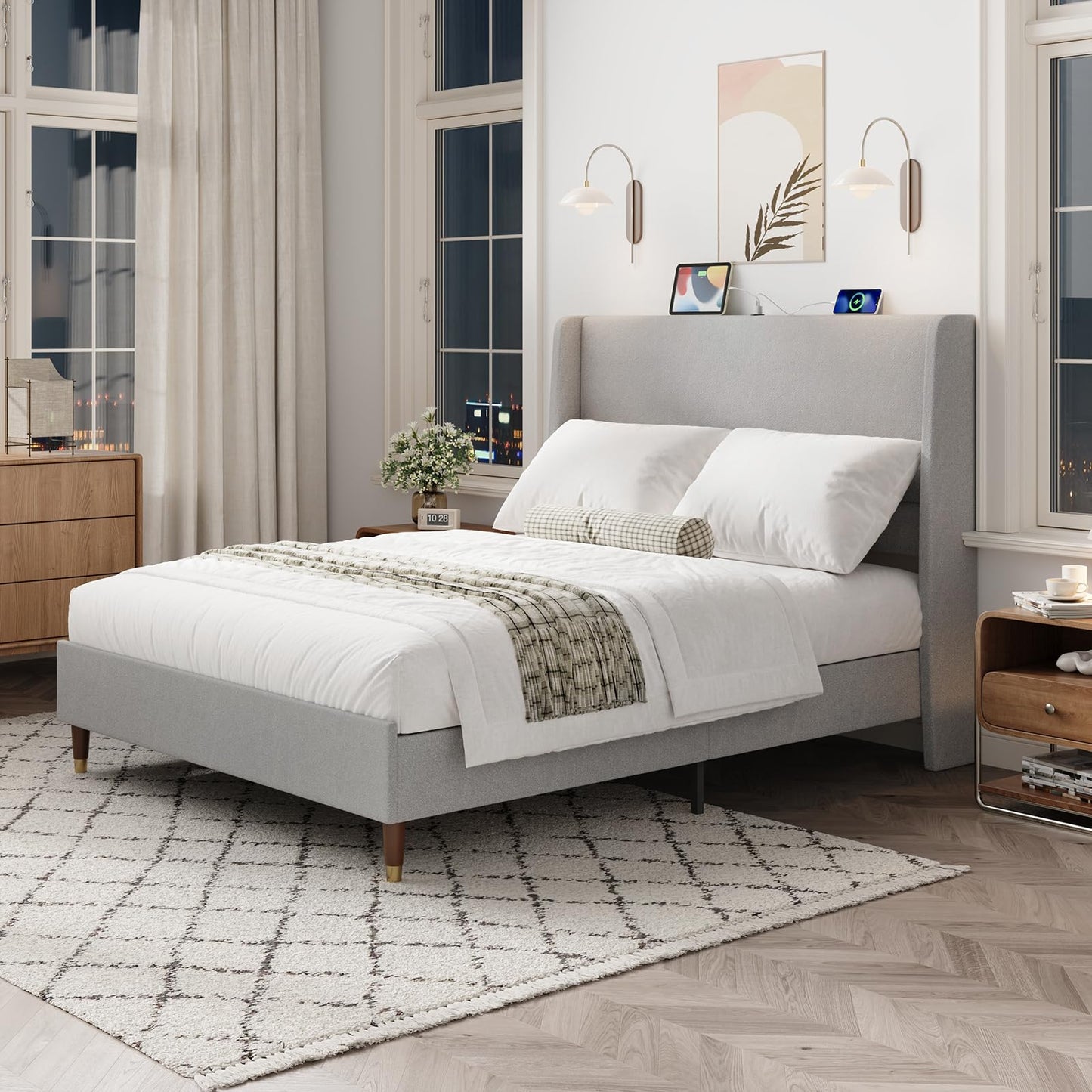 MALOL Full Bed Frame with Upholstered Linen Headboard, Platform Bed with USB Charging Ports, Sturdy Metal Frame, No Box Spring Required, Quiet Noise-Free Modern Bedroom Furniture, Grey