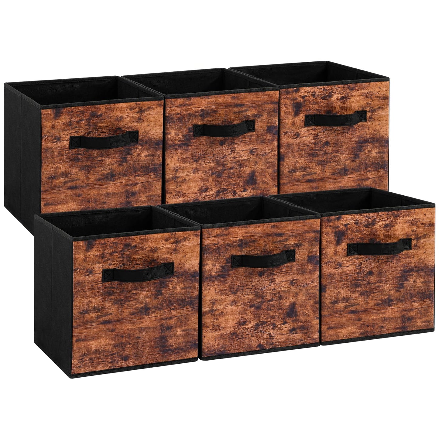 Stero Fabric Storage Cubes, 6 Pack Foldable Storage Bins with Handle, 11 Inch Box for Shelves, Closet, Organizer, Rustic Brown and Black