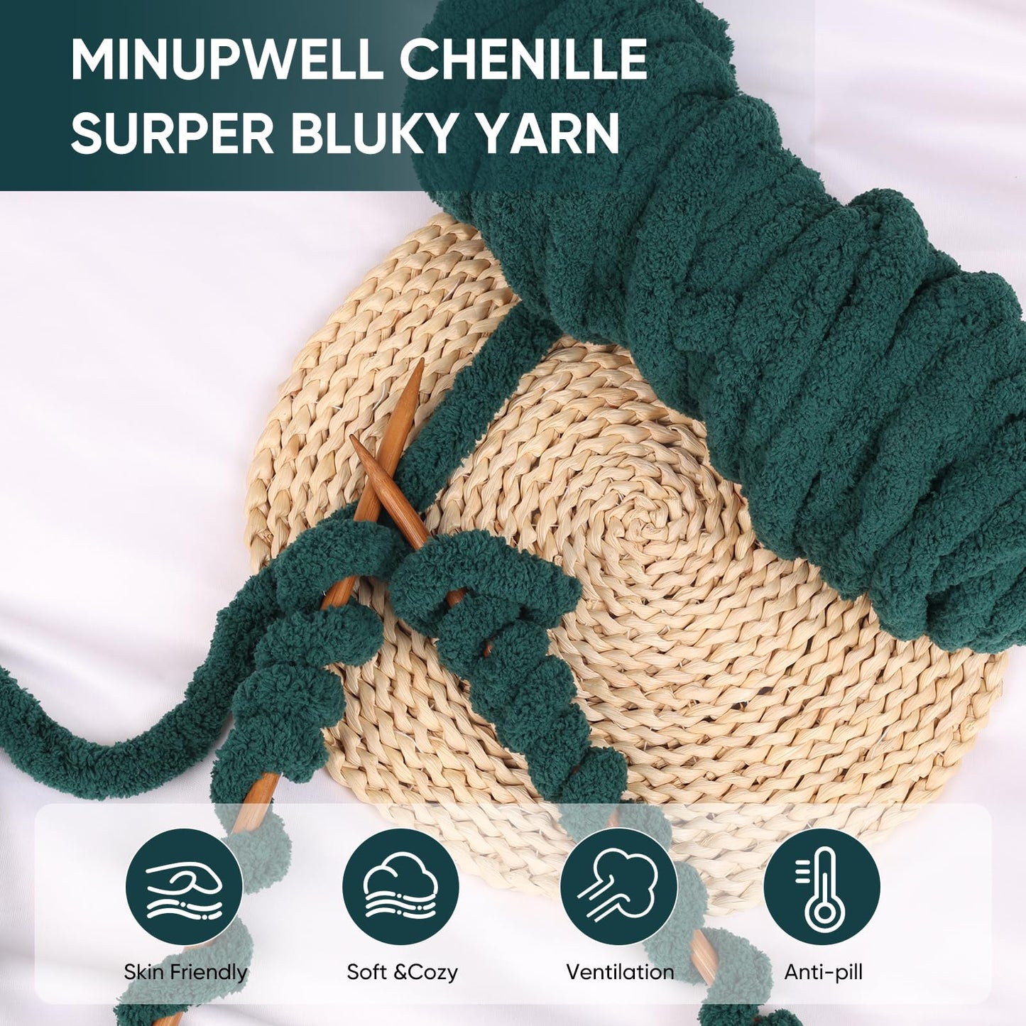 8 Packs Jumbo Chunky Chenille Yarn - 1820g(64oz) 254 Yards (761ft) Bulky Yarn - Chunky Yarn for Hand Knitting Blanket,Cushions, Pet Bed - Soft and Durable(Dark Green)