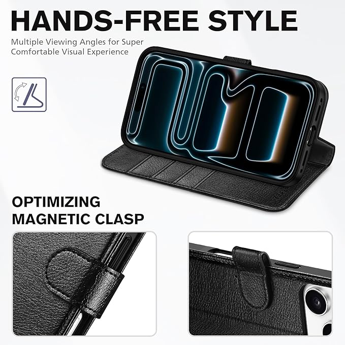 TUCCH Case Wallet for iPhone 17 Pro (6.3-Inch) 2025, RFID Blocking 4 Card Slots, Kickstand, Magnetic Closure, PU Leather, Shockproof TPU Shell, Protective Flip Folio Cover, Textured Black
