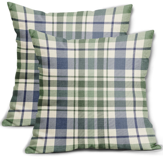 Aytipun Blue Sage Green Spring Plaid Pillow Covers 18x18 Set of 2 Seasonal Tartan Buffalo Plaid Holiday Print Decorative Outdoor Pillowcases Farmhouse Summer Throw Cushion Case Couch Sofa Bed Decor