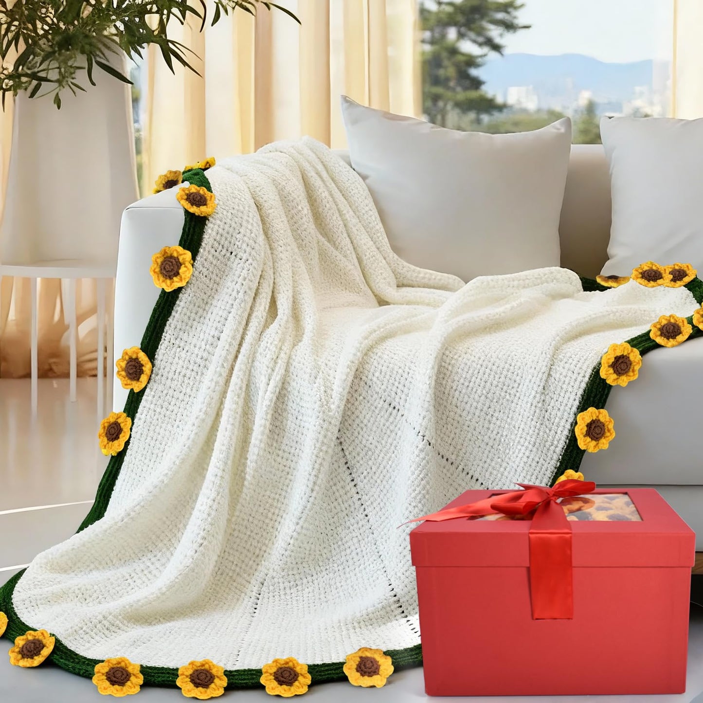 Sunflower Crochet Flower Bouquet Blanket, Handmade Knitted Round Throw Blanket, Cute Unique Birthday Gifts for Women Her Girlfriend Wife Mom Mother’s Day Christmas Valentine Anniversary, 51 IN