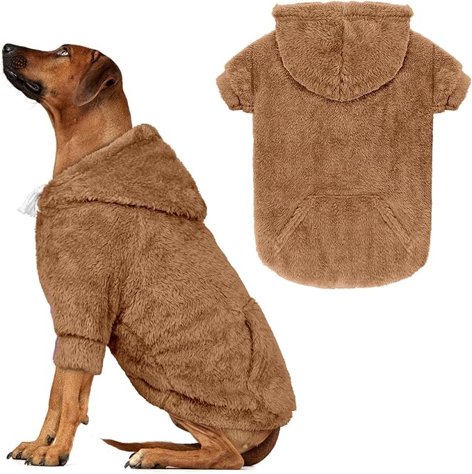 5XL Dog Sweaters for Large Dogs,Extra-Large Dog Hoodie,Warm Fuzzy Fleece Sweatshirt with Hood & Pocket,Leash Hole,Cozy Cold Weather Pet Clothes Sweater Hoodie for Large Dogs(Coffee,5XL)