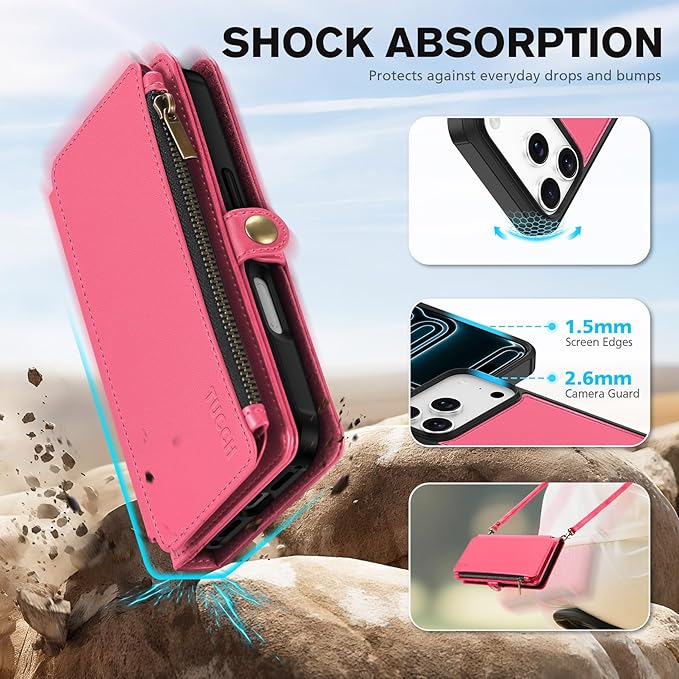 TUCCH Detachable Crossbody Case Wallet for iPhone 17 Pro 6.3", Wireless Charging | RFID Blocking 9 Card Holders | Lanyard | Wrist Strap | Stand | Zipper Pocket | PU Leather | Magnetic Cover | Hot Pink