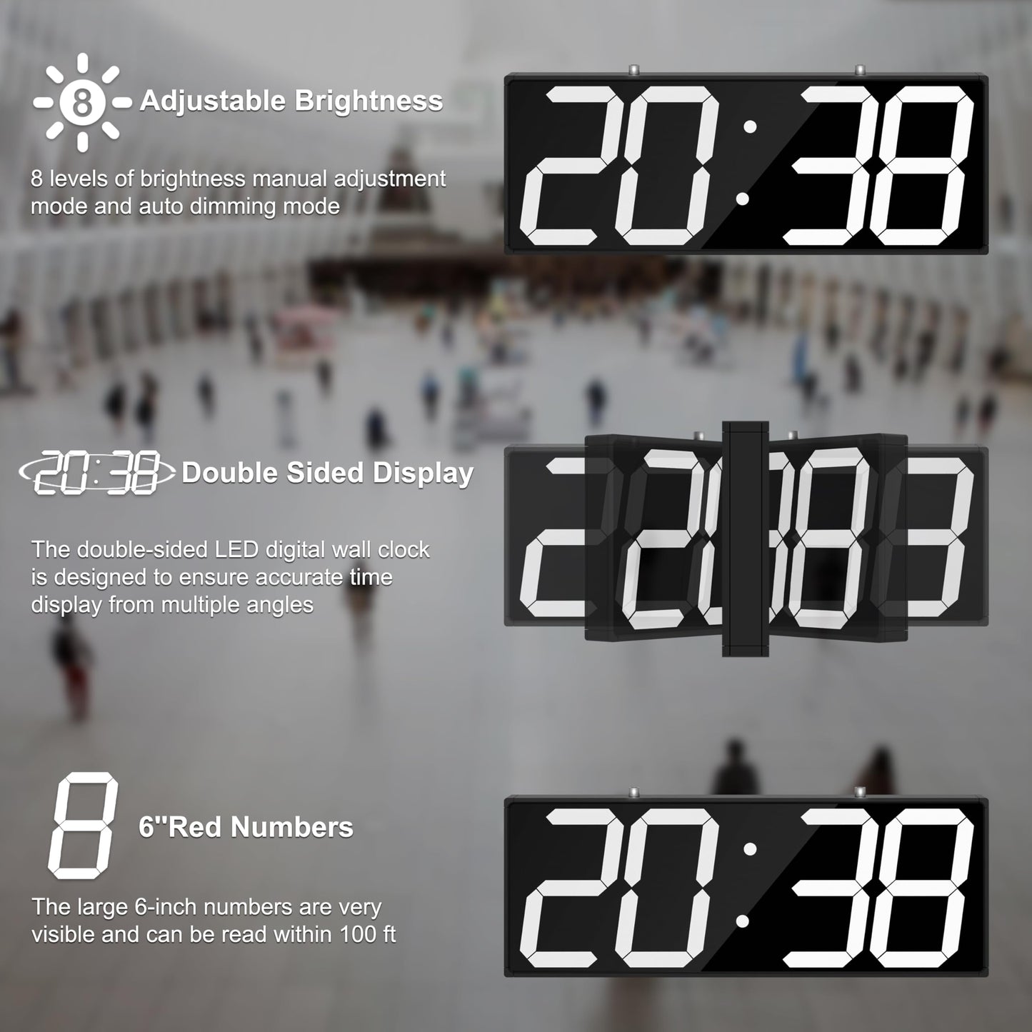 CHKOSDA Digital Wall Clock with Double Sided Display, Large Digital Clock with Timer,Alarm,Temperature and Date,Two Faced Hanging Digital Clock Large Display for Multiple Public Places(White)