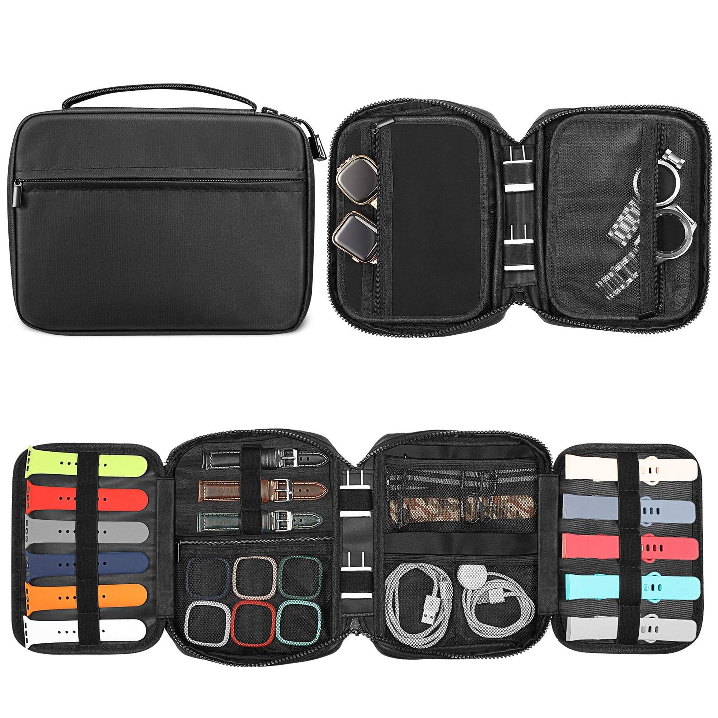 Fintie Watch Band Storage Bag Organizer, Travel Replacement Wrist Straps Carrying Case Pouch for Smartwatch Bands, Pin, Cable, Cases Accessories, Black