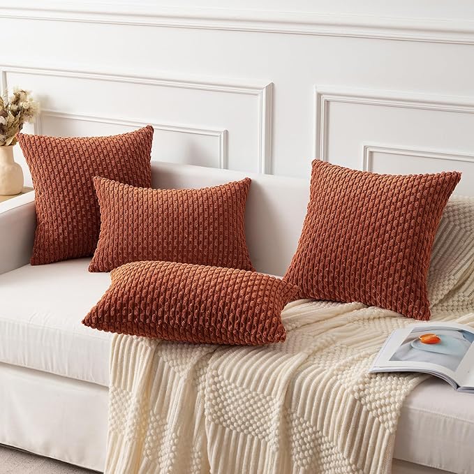 Kevin Textile 2 Packs Fall Boho Decorative Throw Pillow Covers 24x24 Inch for Living Room Couch Bed Sofa Rustic Modern Farmhouse Home Decor Soft Corduroy Square Cushion Case, Rust