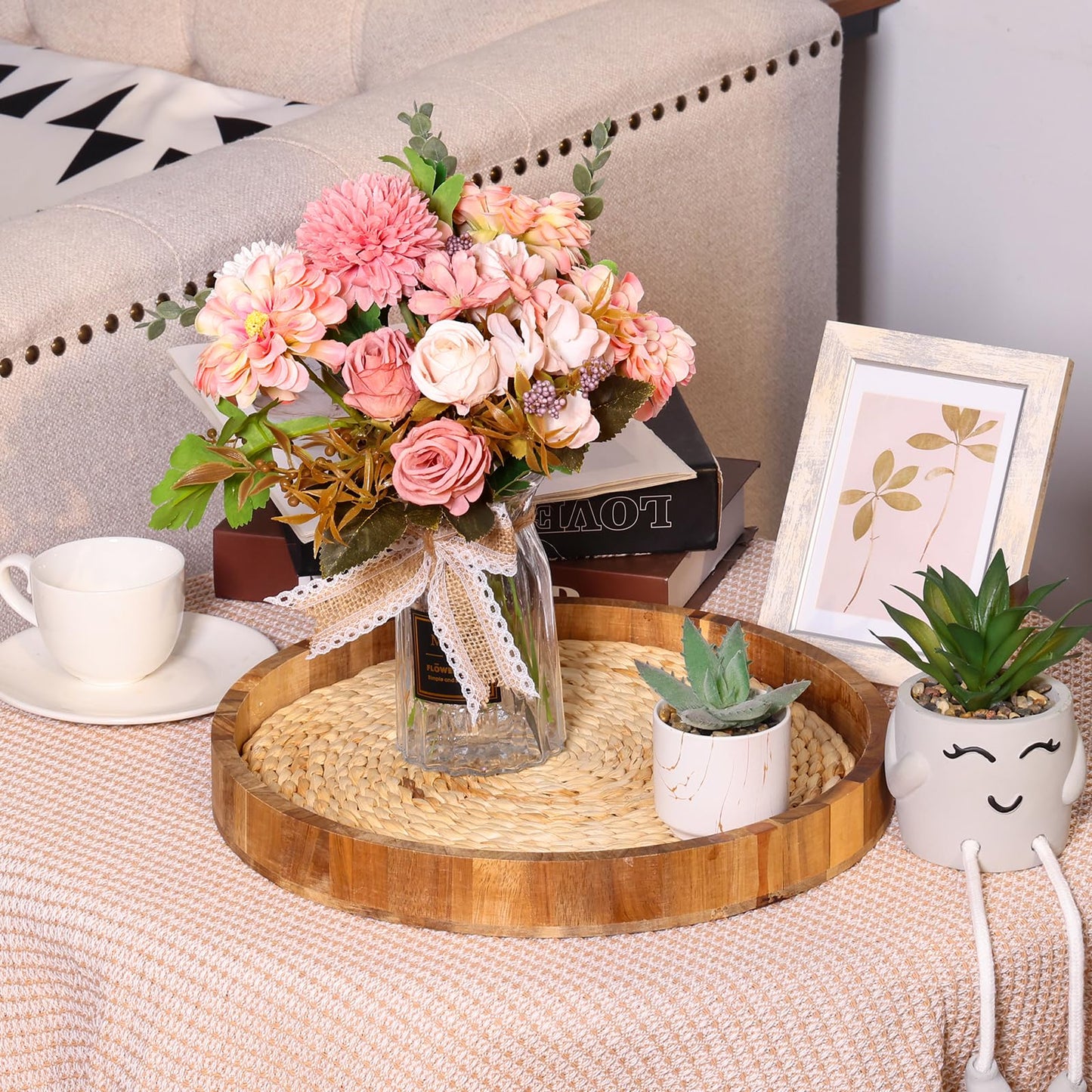 CEWOR Fake Flowers in Vase, Artificial Flowers with Vase Faux Silk Floral Arrangement Table Centerpieces Decor for Home Office Dining Farmhouse Coffee Table Living Room Bathroom Plant Decor (Pink)