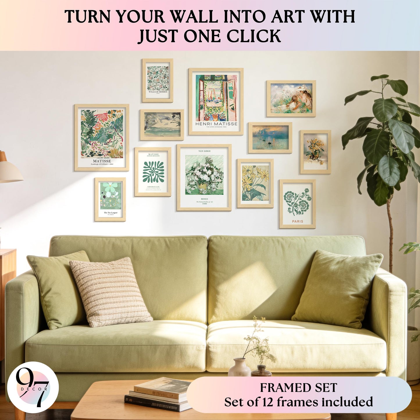 97 Decor Sage Green Framed Wall Art - 12 Pcs Sage Green Wall Art Prints For Dorm,famouse Artist Paintings Matisse Posters For Room Aesthetic, Abstract Boho Pictures For Bedroom, Living Room (BEIGE FRAME)