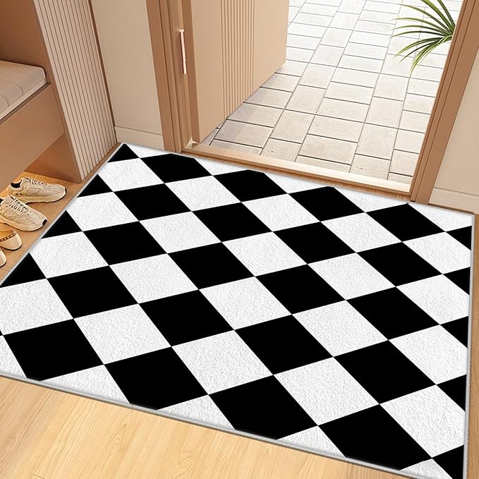 Checkered Rug, Black White Rug, Washable Rugs 6x9, Geometric Rhombus Plaid Area Rugs, Grid Gingham Carpet for Living Room Non Slip Home Decor
