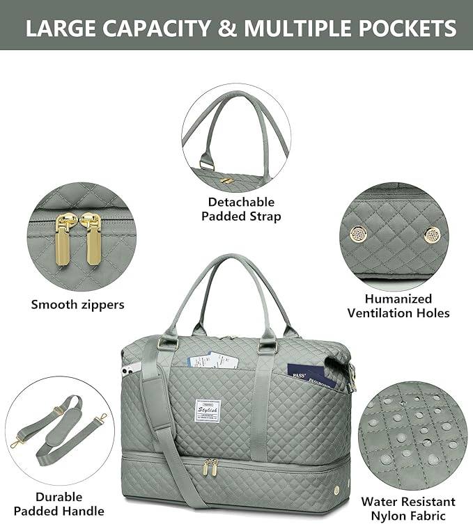 Weekender Bags for Women Duffle Bag - Travel Duffel Bag with Shoe Compartmen Carry on Overnight Bag with Toiletry Bag Gym Tote Bag with Wet Pocket Hospital Bags for Labor and Delivery Green