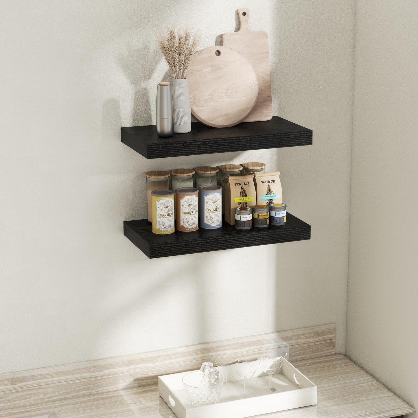 12 Inch Deep Floating Shelves for Wall, 24 x 12 Rustic Wood Grain Bathroom Shelves with Invisible Brackets, Easy Install Wood Storage Shelves for Kitchen, Living Room, Bedroom, Black, Set of 2