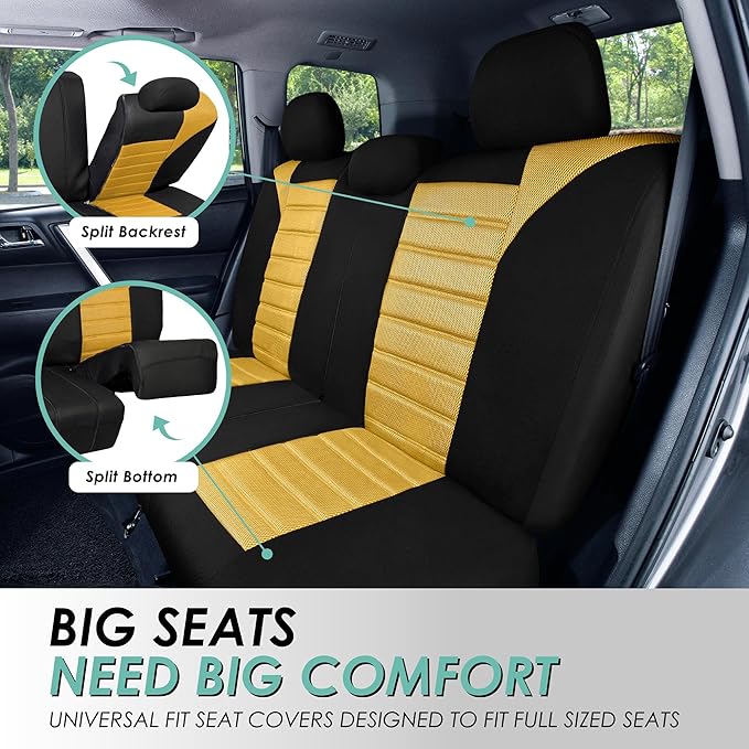 FH Group Automotive Car Seat Covers Rear Set Premium 3D Air Mesh Seat Covers, Airbag Compatible and Split Bench Cover Universal Fit Interior Accessories for Cars Trucks and SUVs - Yellow