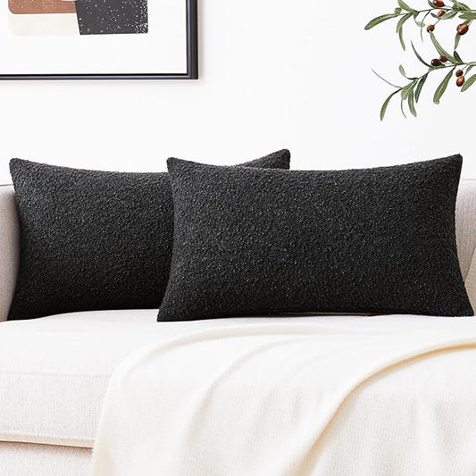 Mixhug Decorative Boucle Throw Pillow Covers, Black, 12 x 20 Inches, Pack of 2 - Textured Boho Pillow Covers for Couch and Bed