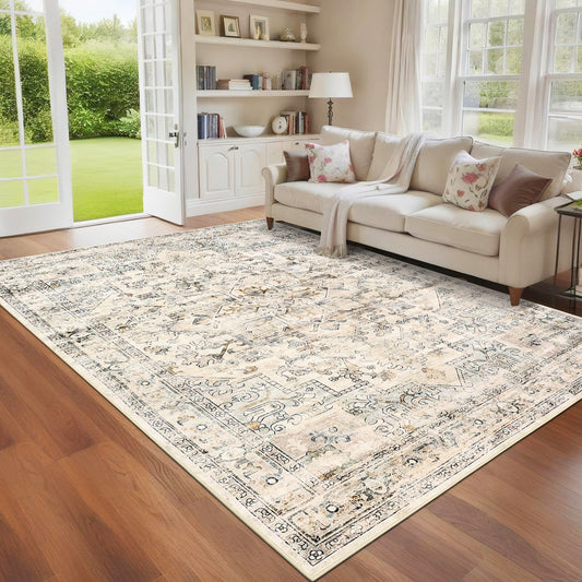 GarveeHome Vintage Area Rug 5x7 Washable Rugs for Living Room Non Slip Floral Distressed Rug Stain Resistant Carpet Farmhouse Rugs for Bedroom Entryway Dining Room Beige