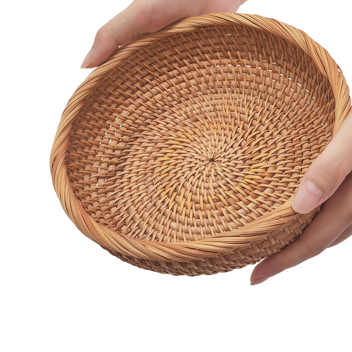 8" Round Small Wicker Basket, Artisanal Rattan Fruit Basket, Key Bowl for Entryway Table, Decorative Bowl for Kitchen Counter, Bedside, Living Room, Natural Woven Fruit Bowl, Purse Bowl, Bread Basket