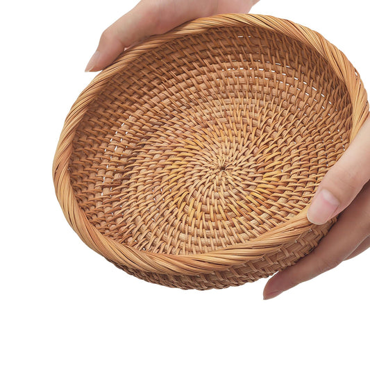 8" Round Small Wicker Basket, Artisanal Rattan Fruit Basket, Key Bowl for Entryway Table, Decorative Bowl for Kitchen Counter, Bedside, Living Room, Natural Woven Fruit Bowl, Purse Bowl, Bread Basket