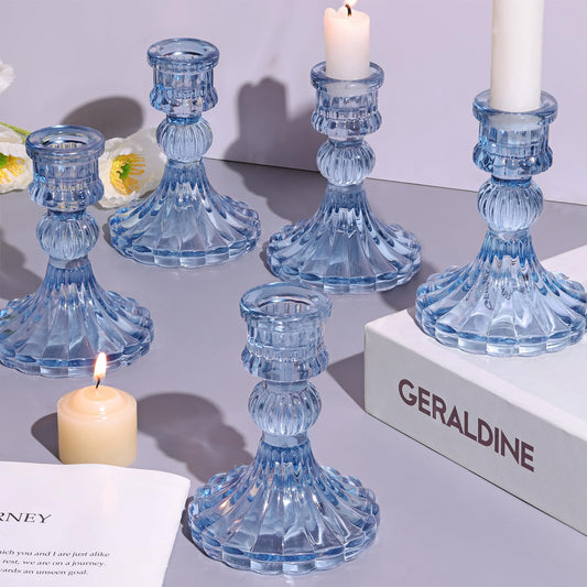 DARJEN 12PCS Blue Candlestick Holders Set- 4" H Taper Candle Holders, Glass Candle Holders Bulk for Wedding, Party, Home Table Centerpieces, Festival Gifts & Windowsill Decor