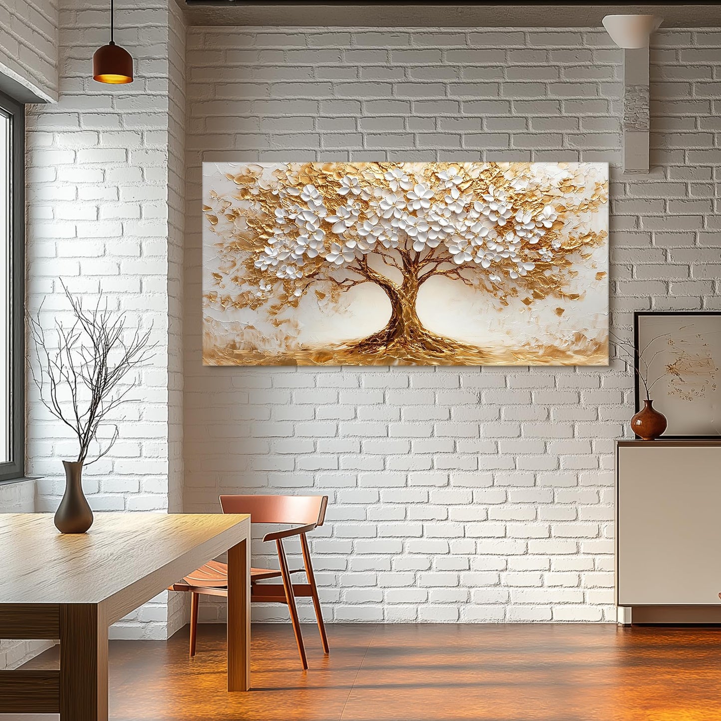 SERIMINO White Gold Tree of Life Wall Art, Blooming Flower Tree Extra Large Artwork, Abstract Landscape Canvas Art Prints, Modern Oversized Pictures Wall Decor Living Room Office Ready to Hang 29"X57"