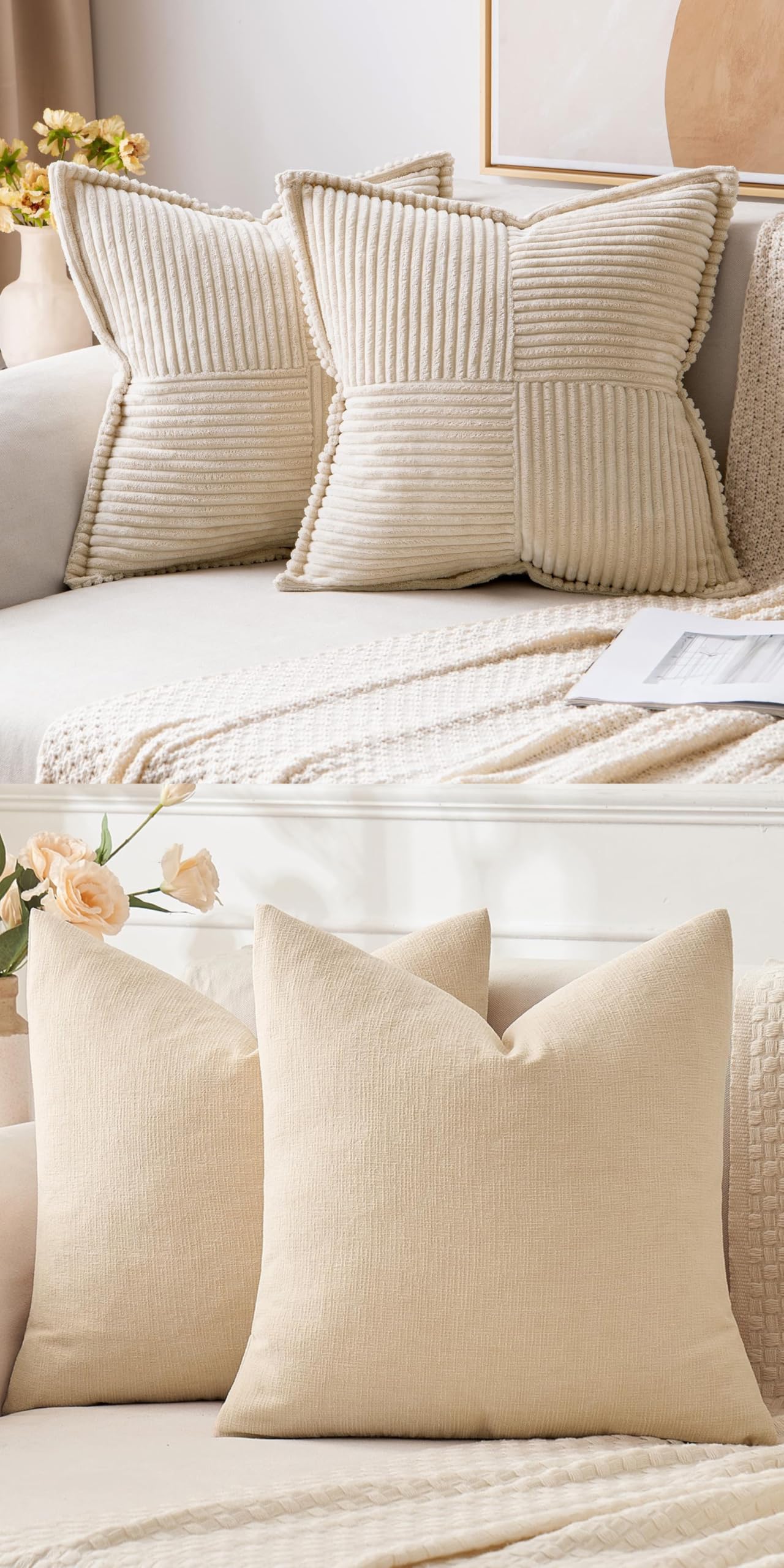 MIULEE Pack of 2 Corduroy Decorative Throw Pillow Covers Bundle Pack of 2 Chenille Decorative Throw Pillow Covers 18x18 Inch Beige