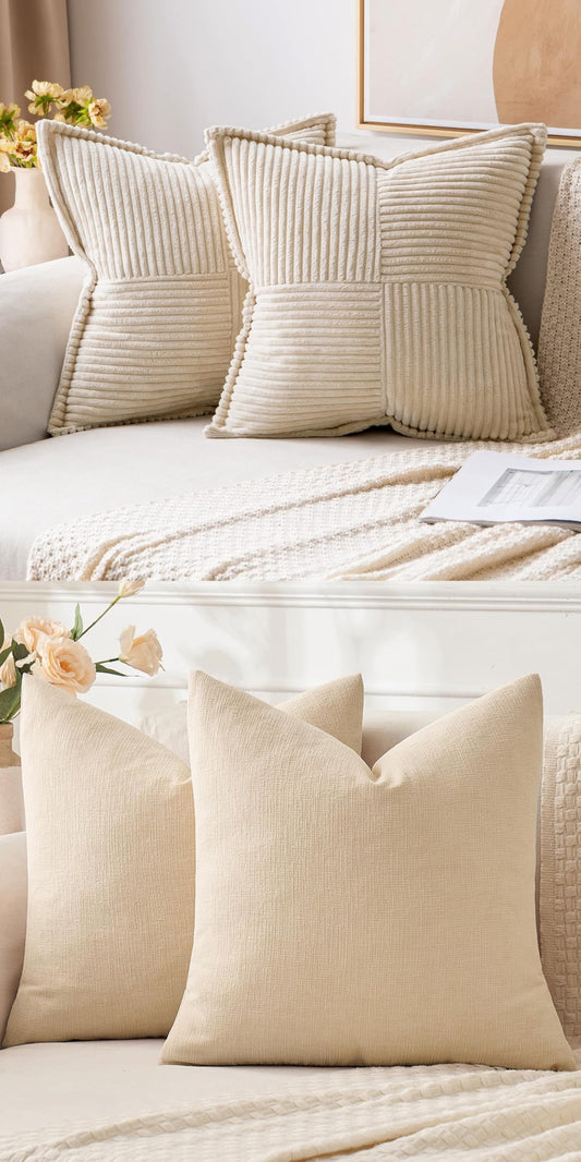 MIULEE Pack of 2 Corduroy Decorative Throw Pillow Covers Bundle Pack of 2 Chenille Decorative Throw Pillow Covers 18x18 Inch Beige