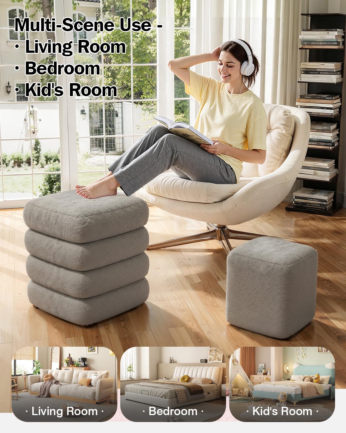 ABHENG Square Set of 2 Sherpa Storage Ottoman Stool with Removeable lid,Load up to 440 lbs Footstool, Boucle Vanity Stool for Livingroom Bedroom Gray UASND69G