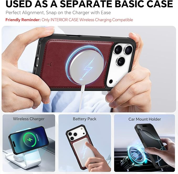 TUCCH Detachable Case Wallet for iPhone 17 Pro Max (6.9") 2025, Wrist Strap | 4 Card Slots RFID Blocking | Wireless Charging | Stand | 2-in-1 Magnetic | PU Leather | Shockproof Folio Cover | Dark Red
