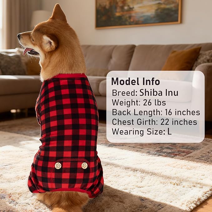 KYEESE Dog Pajamas Red Buffalo Check Pet Pjs Soft Dog Pajamas for Small Dogs Warm 4 Legs Pet Jammies Stretchy Dogs Clothes Comfy Pet Costume Velvet Pets Onesie,XL