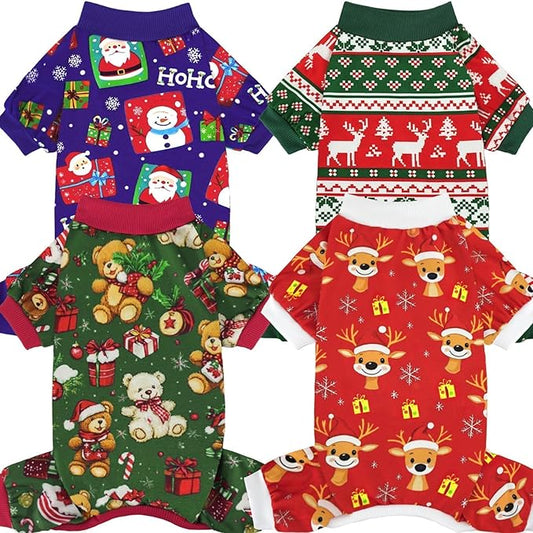 Xpudac 4 Pack Dog Christmas Pajamas Reindeer Puppy Clothes Cute Santa Claus Dog Pajamas Costumes Outfit Red Green Medium