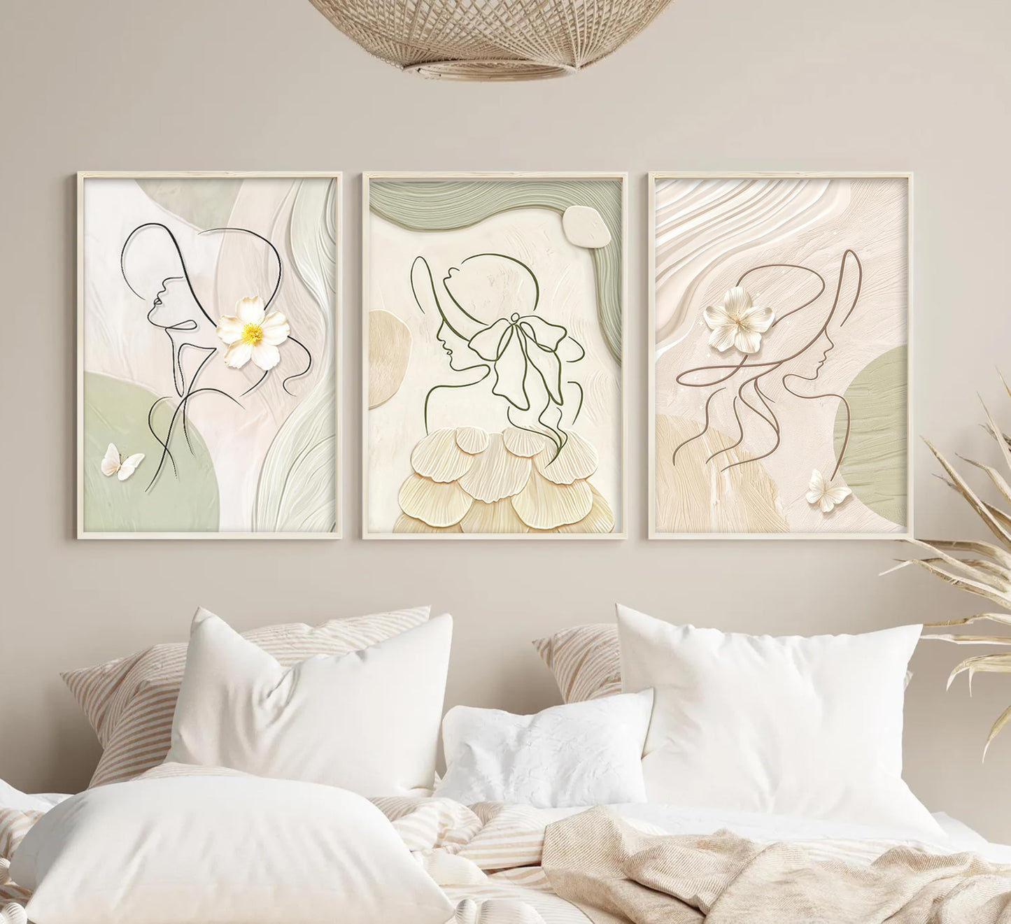 3Pcs Abstract Woman Canvas Wall Art Minimalist Line Beige and Green Girl Picture Wall Decor White Flower Texture Posters Boho Cream Neutral Painting Print Artwork for Living Room Bedroom, Unframed