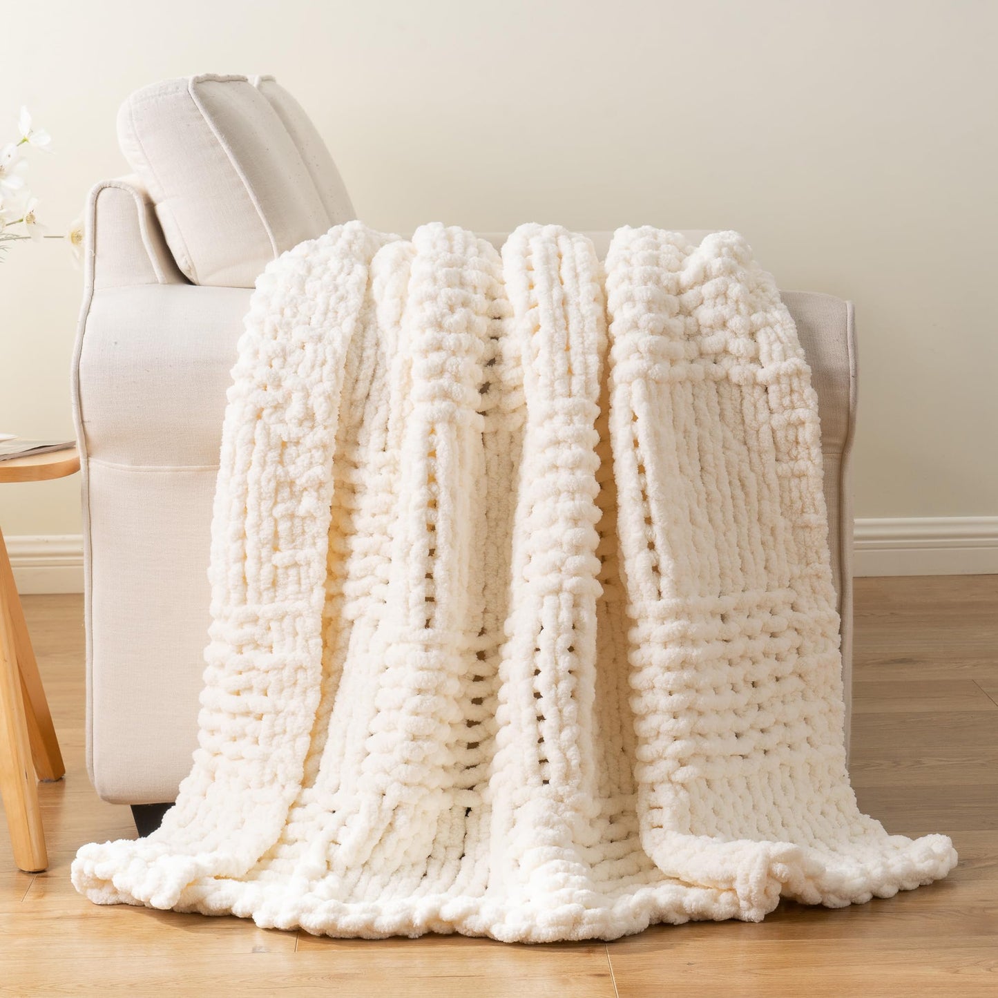 Bunnikins & Clover Cream White Hand Knitted Blanket with Chenille Yarn, Chunky Knit Ivory Throw Blanket for Bed Living Room Home Decor, 50"x60"